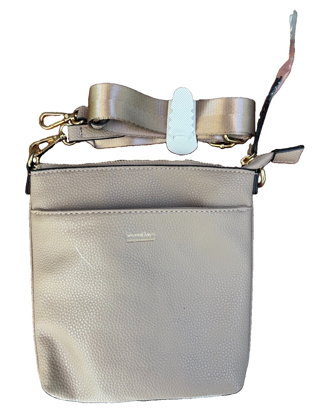 SevenDays Beige Pebbled Crossbody Bag, Zip Closure, Detachable Strap, Gold