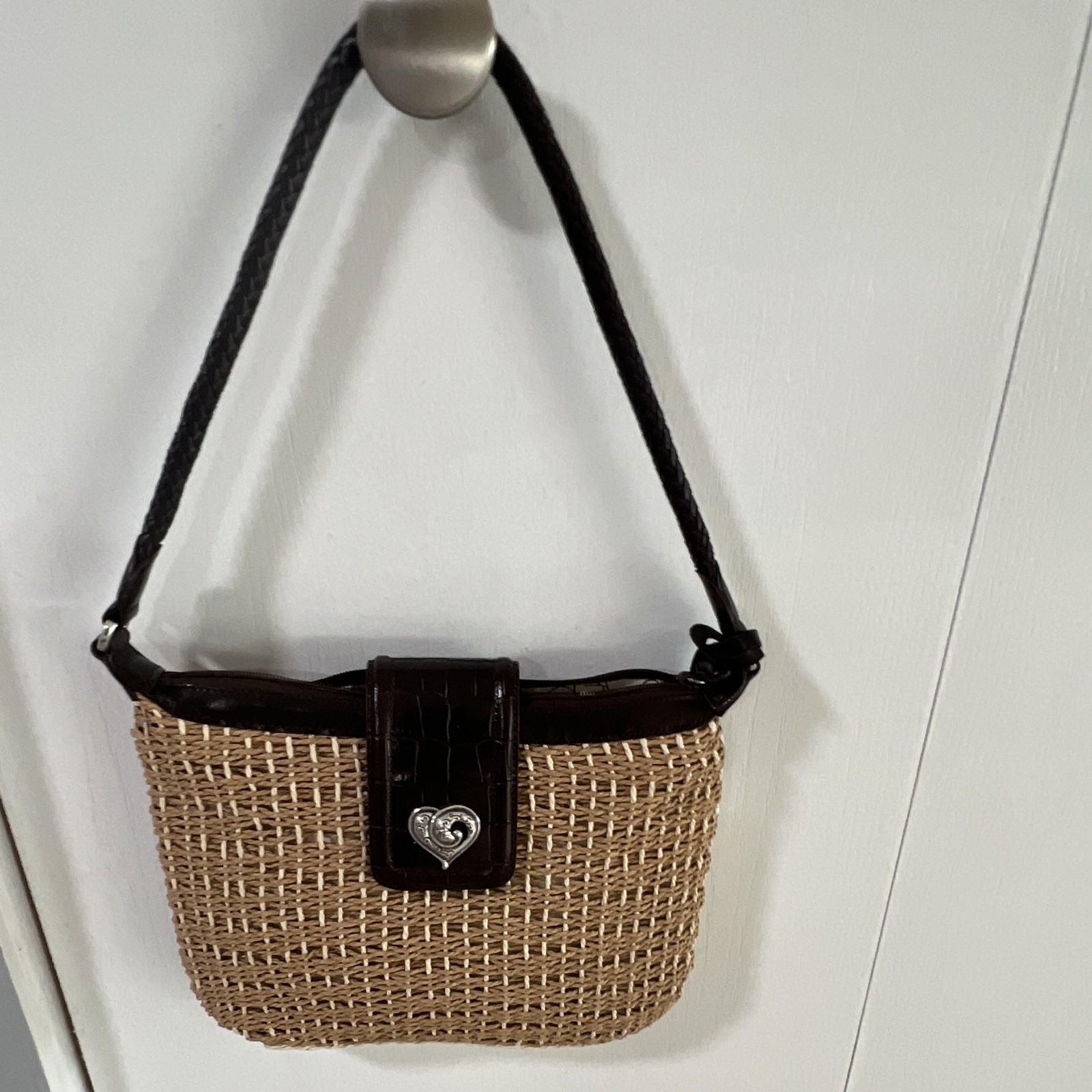 Brighton Tan Brown Woven Shoulder Bag Leather Trim Heart Charm Zip Lined Pockets
