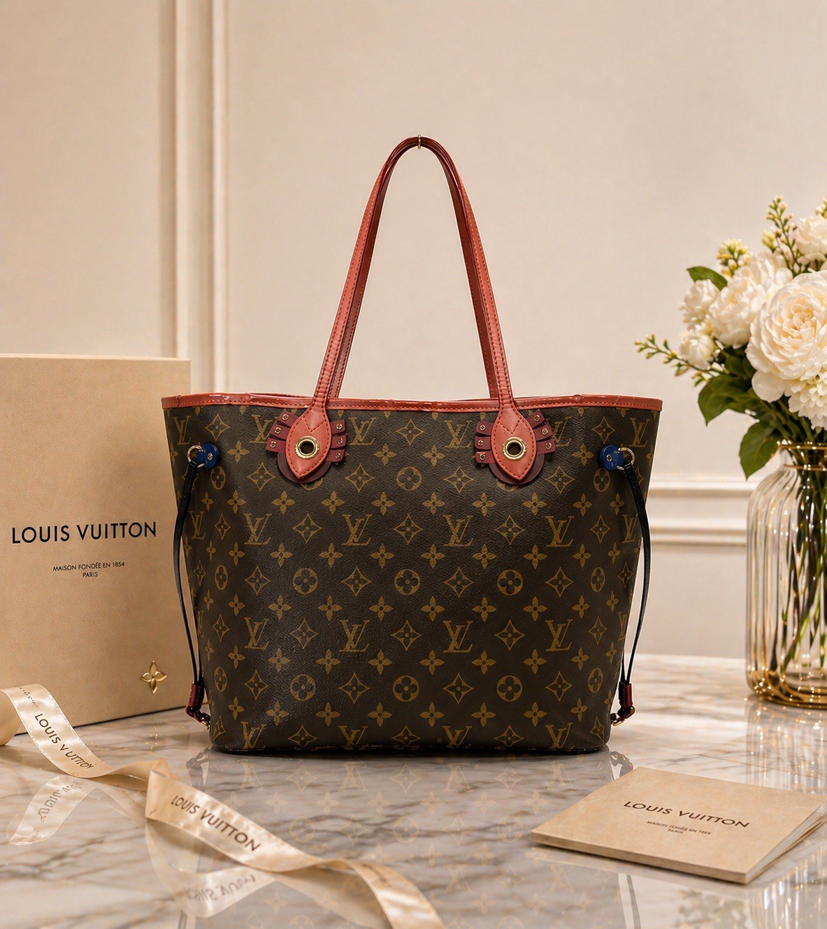Authentic Louis Vuitton Neverfull MM Monogram Red Interior Tote Flamingo Totem