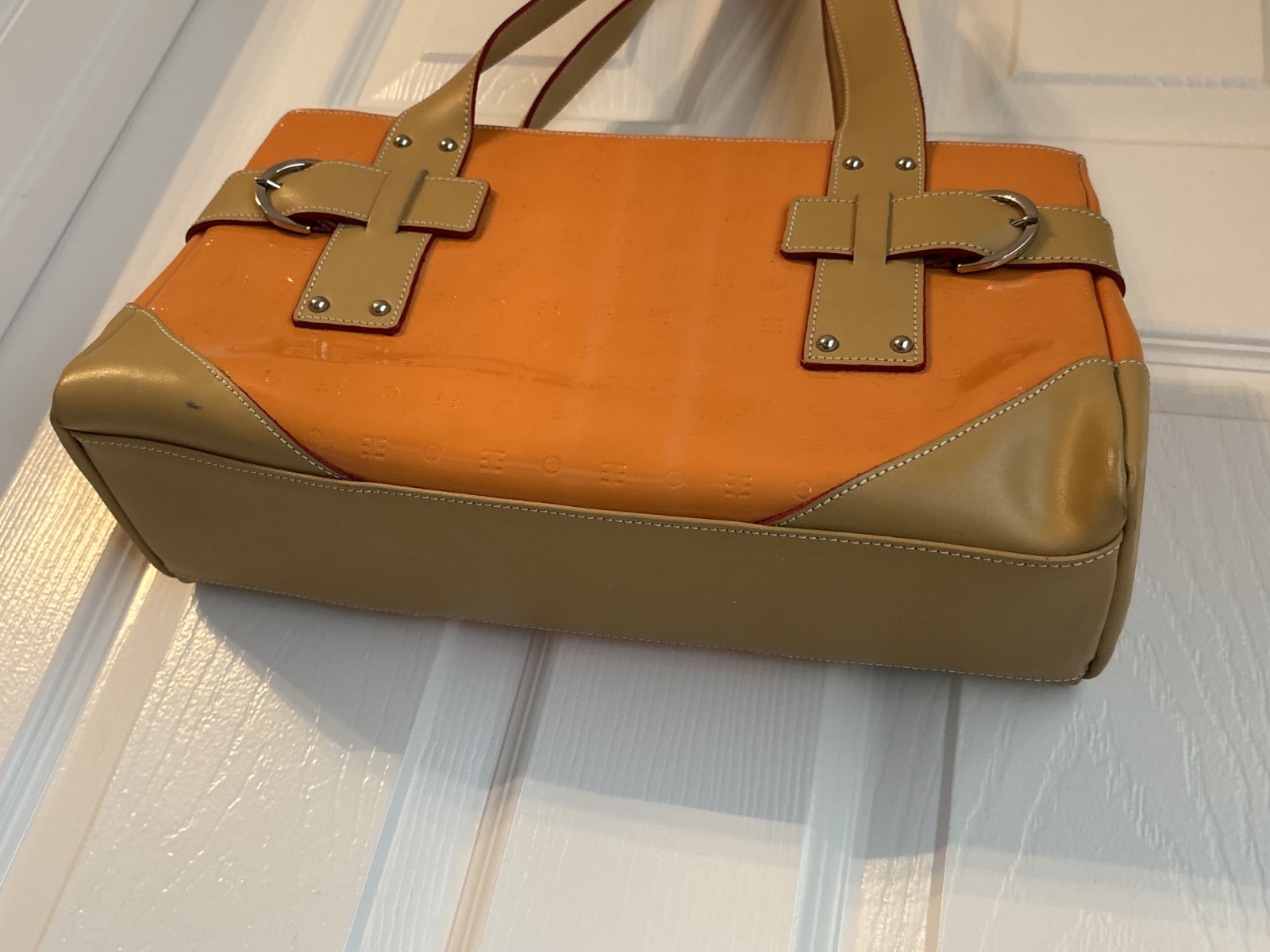 Arcadia Orange Logo Patent Shoulder Bag-Orange With Beige Handles and bottom