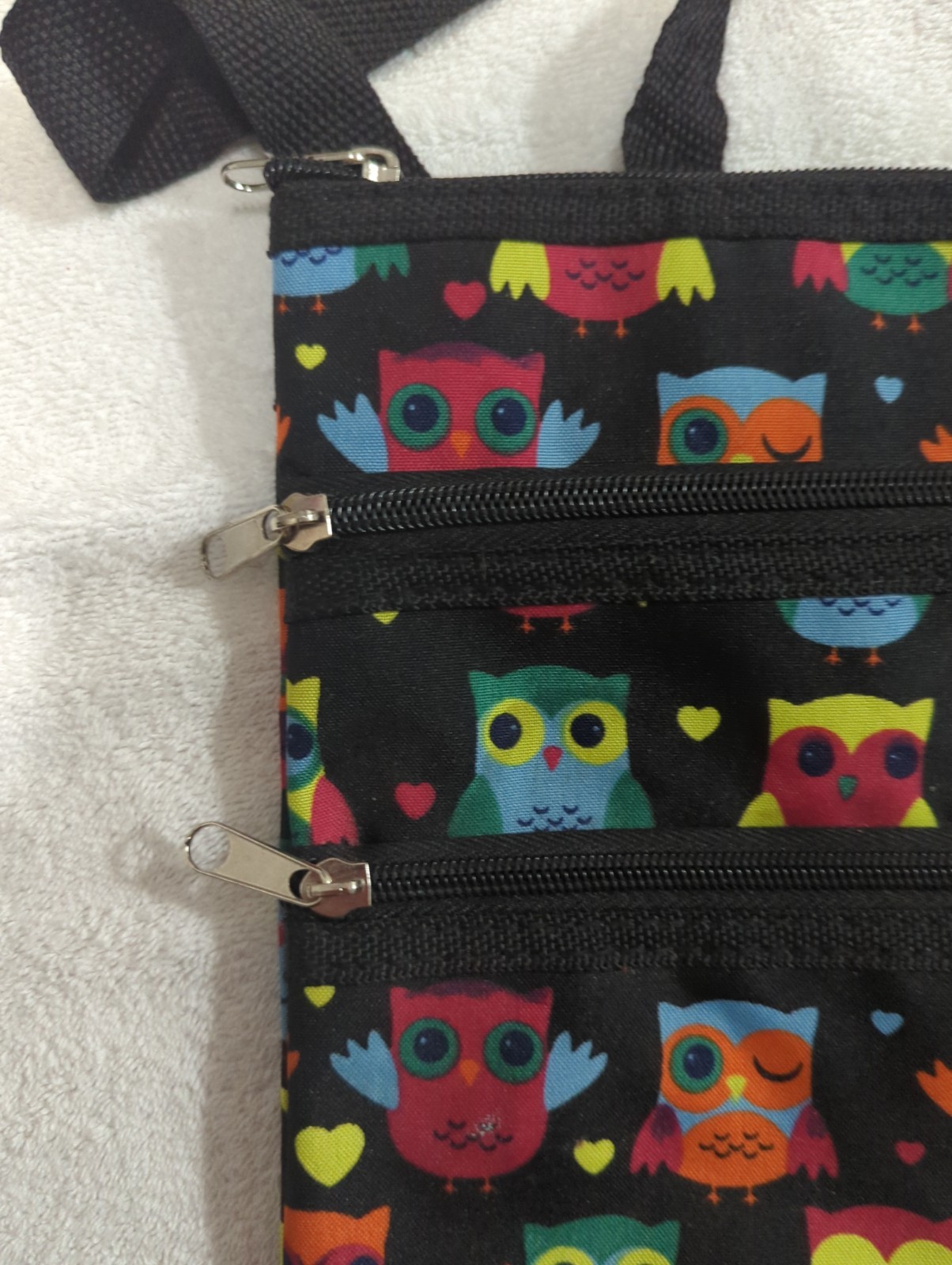 New Owl Print Crossbody Bag Multi Zip Canvas Shoulder Purse Travel Pouche Black