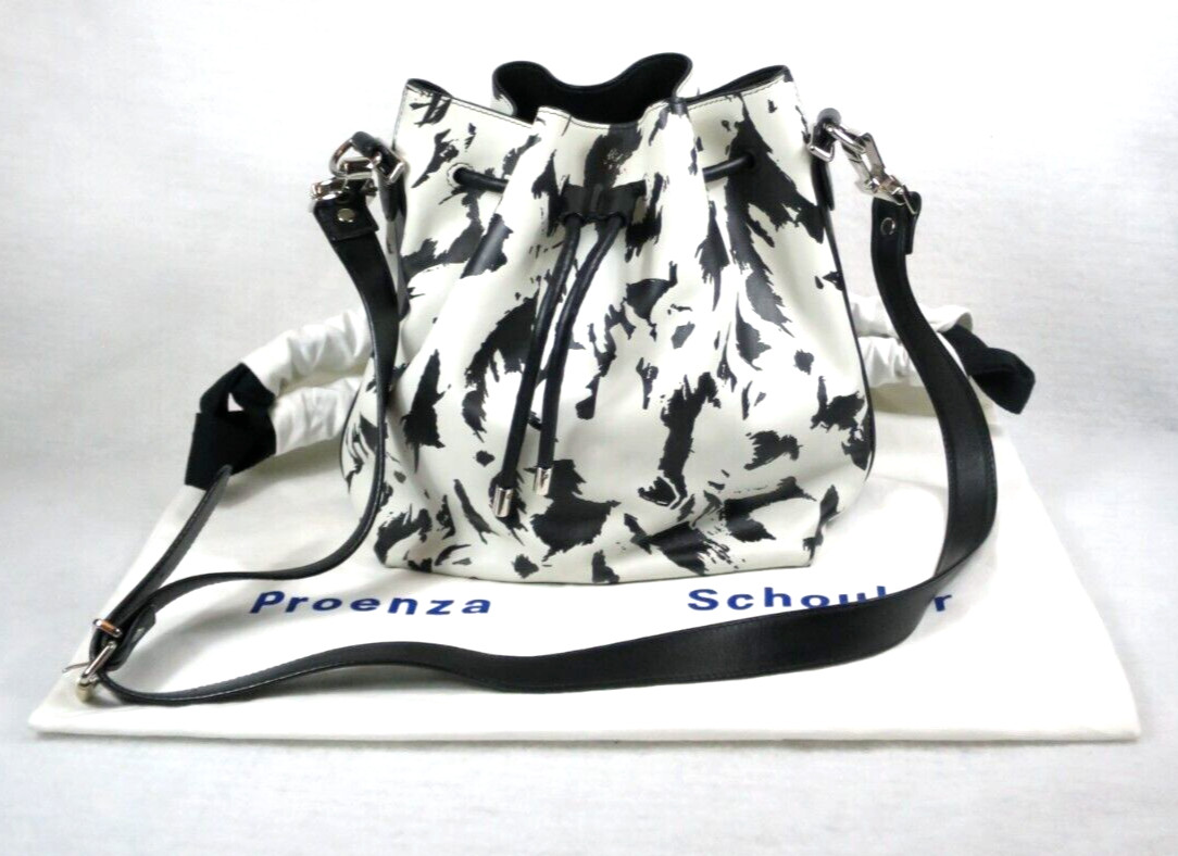 Auth Proenza Schouler Black White Feather Print Medium Bucket Drawstring Bag