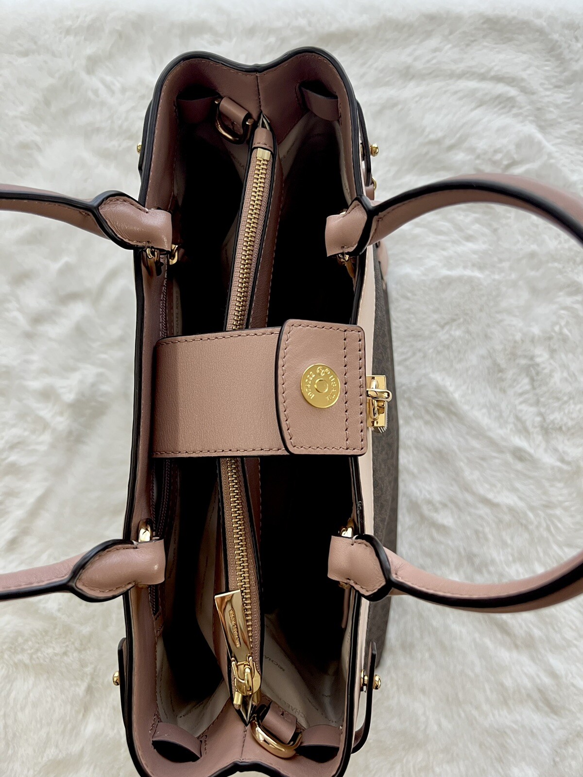 MICHAEL KORS LOGO SATCHEL BAG BROWN/SOFT PINK
