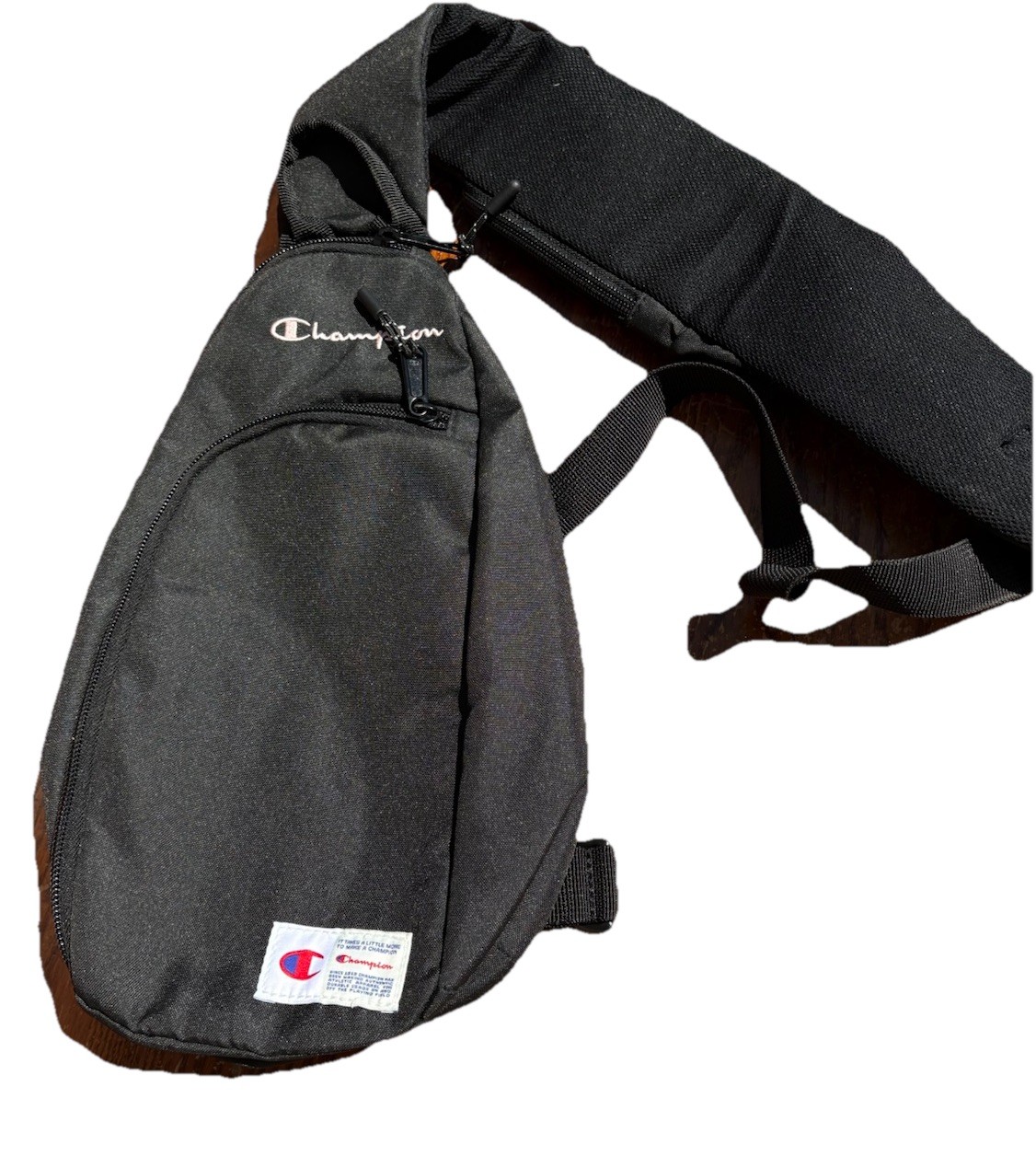 Champion Sling Bag Crossbody Backpack Black Pink Logo Athletic Travel Vacation