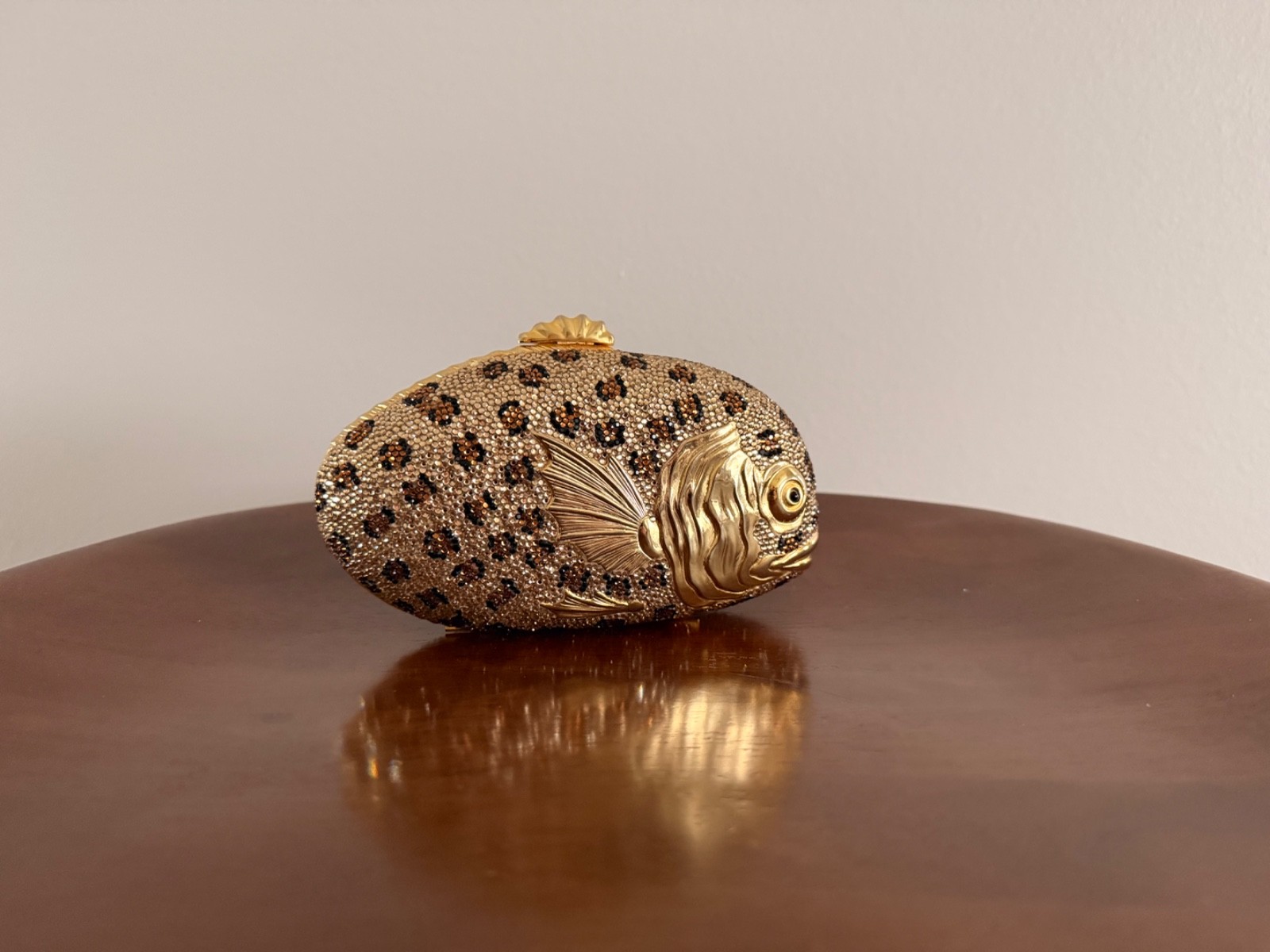 80s Judith Leiber Leopard Print Swarovski Crystal Fish Minaudière