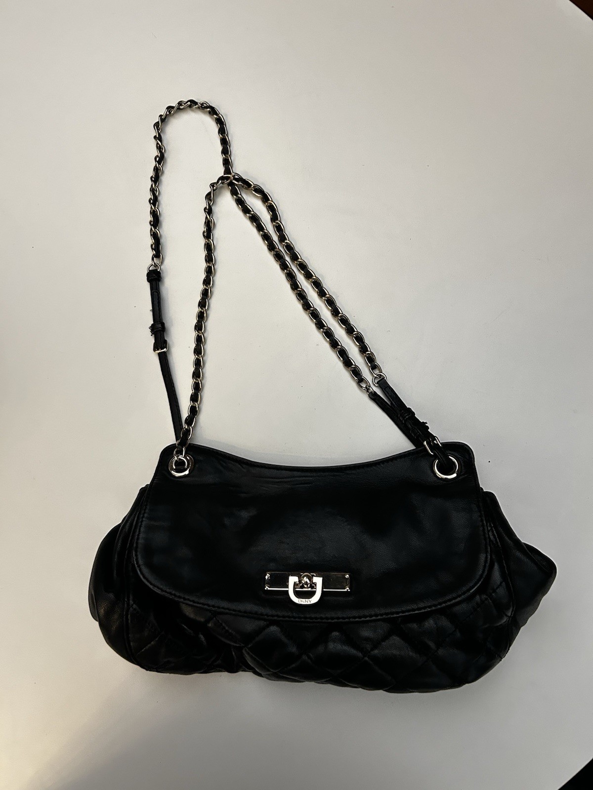 DKNY Donna Karan Quilted Soft Leather Handbag Chain Straps Crossbody Bag