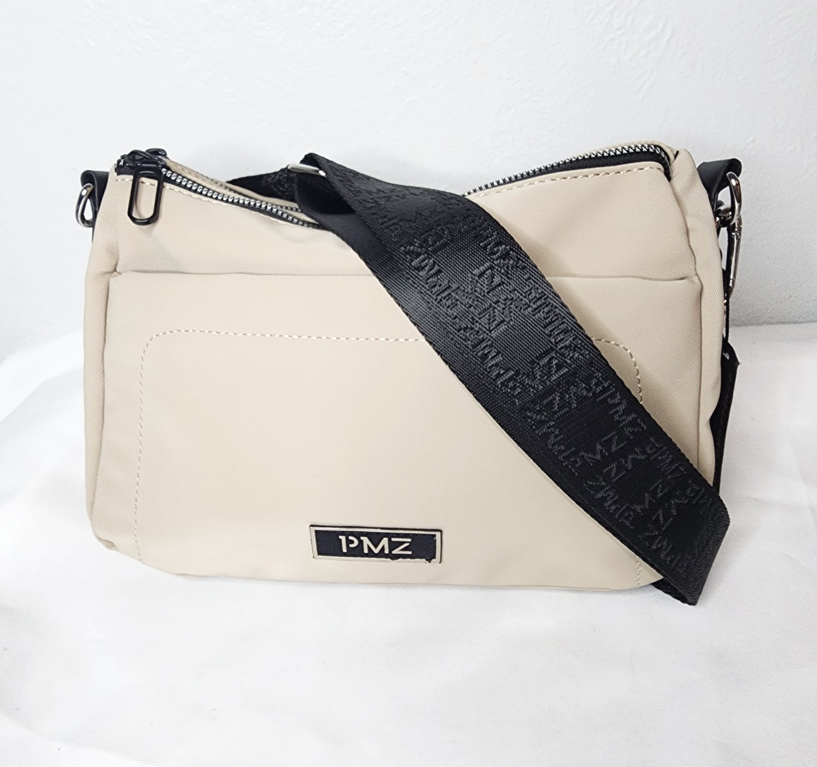 PMZ Neutral Beige Nylon Crossbody Bag with Logo Webbing Strap