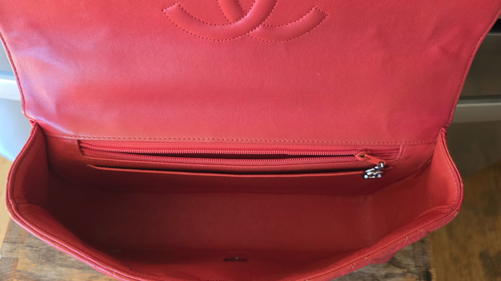 Chanel Kelly Parent Flap Bag Matelassé Lambskin W Red Top Handle Authentic Card