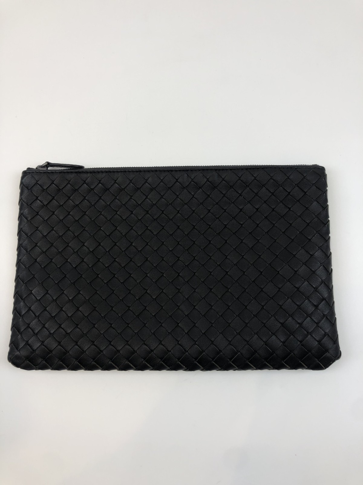 Bottega Veneta Black Intrecciato Leather Zip Clutch Pouch Document Bag