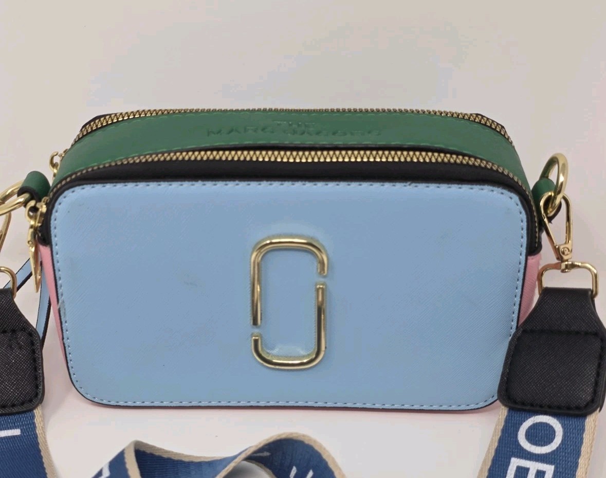 Marc Jacobs The Snapshot Blue/Pink/Green Crossbody Camera Bag with Gold Accents