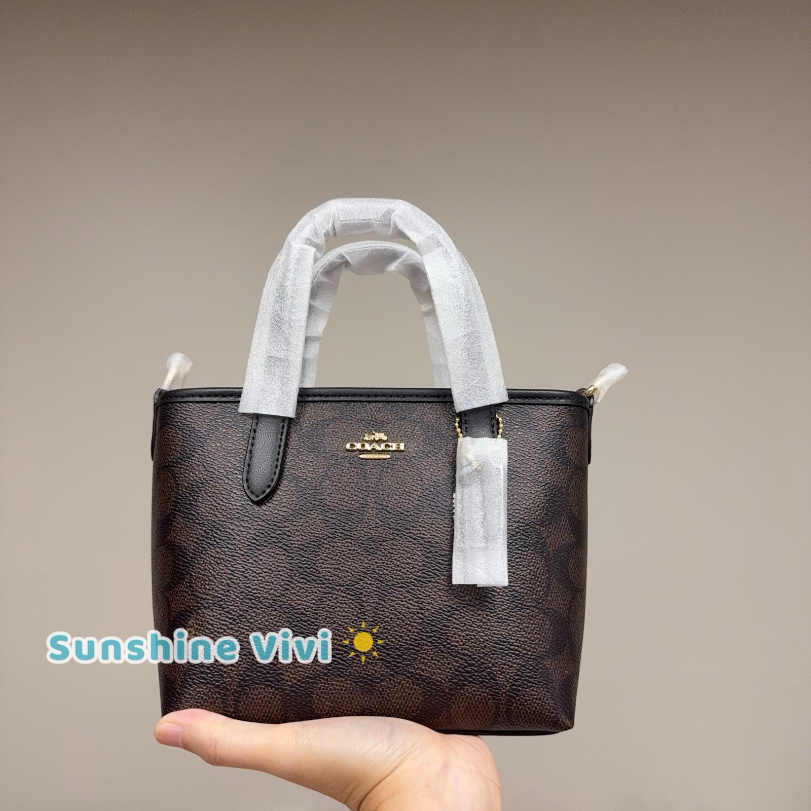 NWT Coach City Mini Tote Bag In Signature Canvas In Gold/Walnut/Black CW032