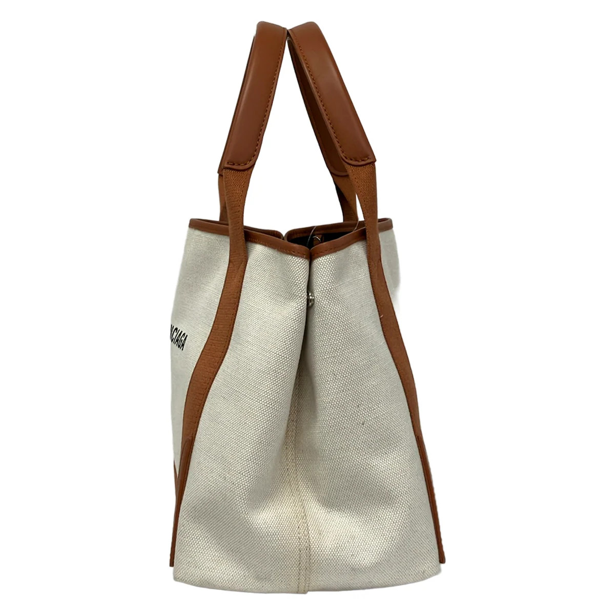 BALENCIAGA Navy Cabas S 339933 White Brown Canvas Leather Tote Bag