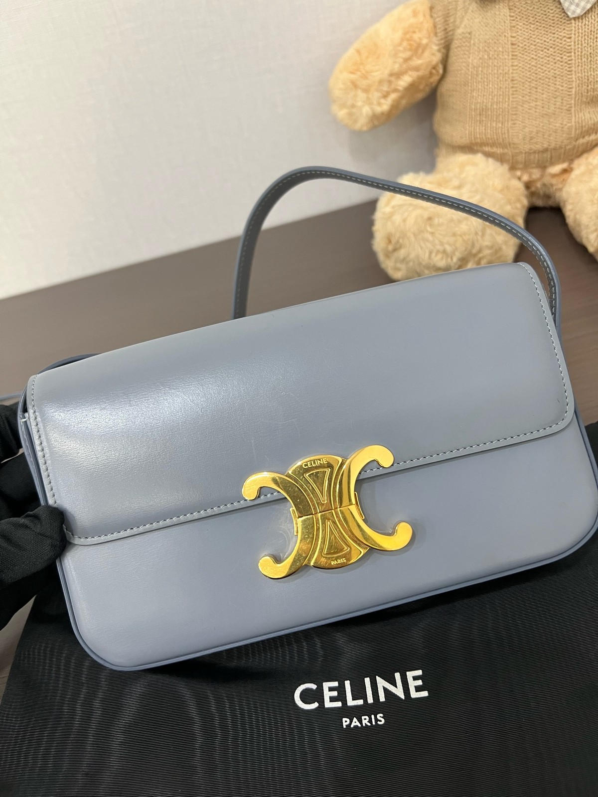 Celine Triomphe Normal Light Blue Calfskin Underarm Shoulder Bag Duty Paid