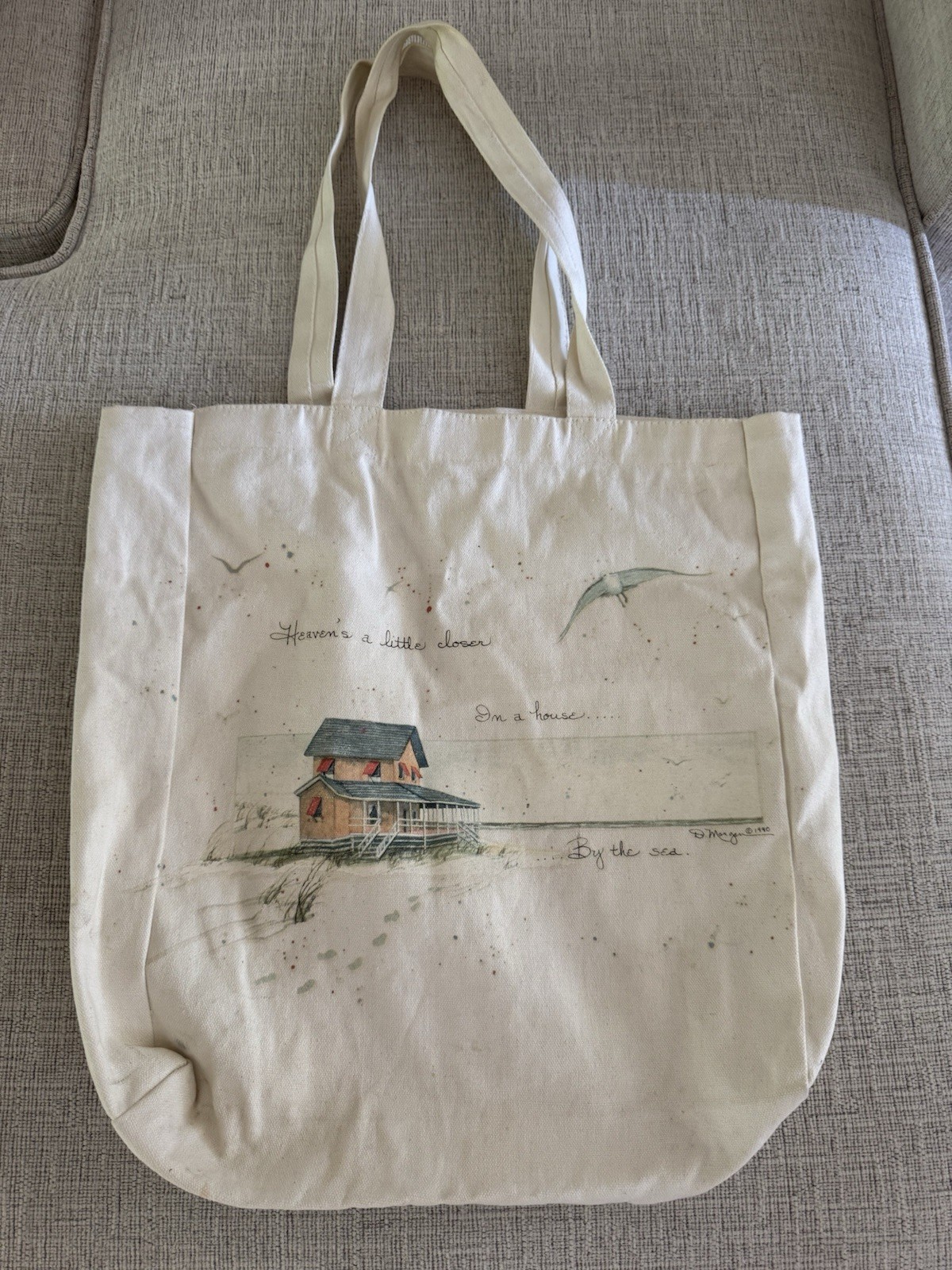 Vintage Coastal Canvas Tote Bag Beach House Seagull Art 16×16