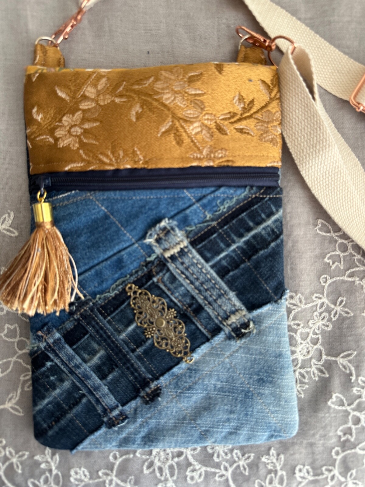 HANDMADE Small CROSSBODY bag purse, tassel, handbag, cell phone, recycled DENIM
