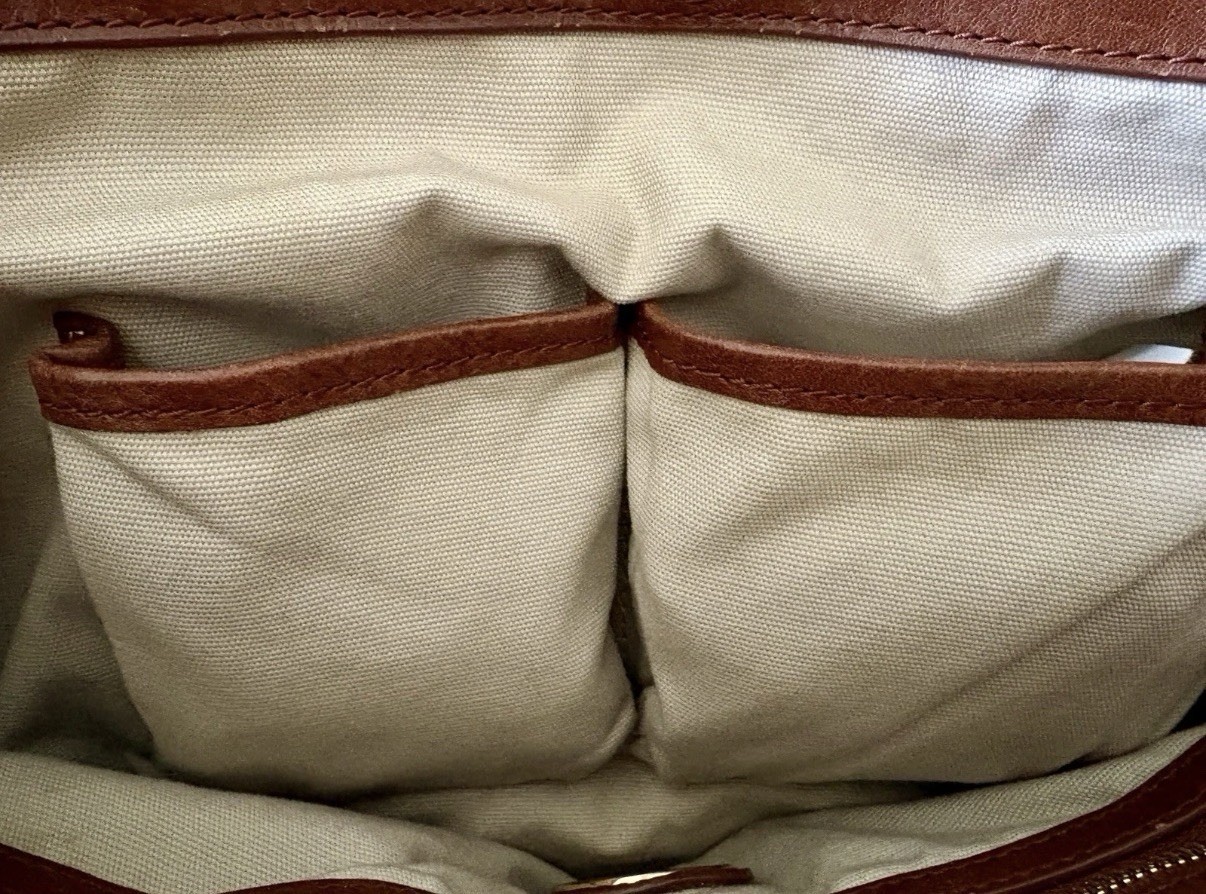 TORY BURCH Brown Leather & Charcoal Gray Flannel Wool Felt Tote Bag Purse
