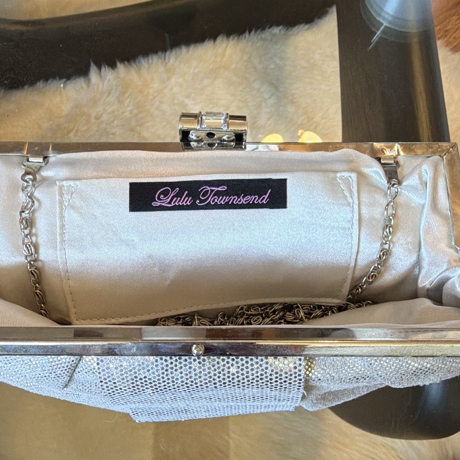 Lulu Townsend Silver Metallic Clutch Pleated Clasp w/ Detachable Chain Strap