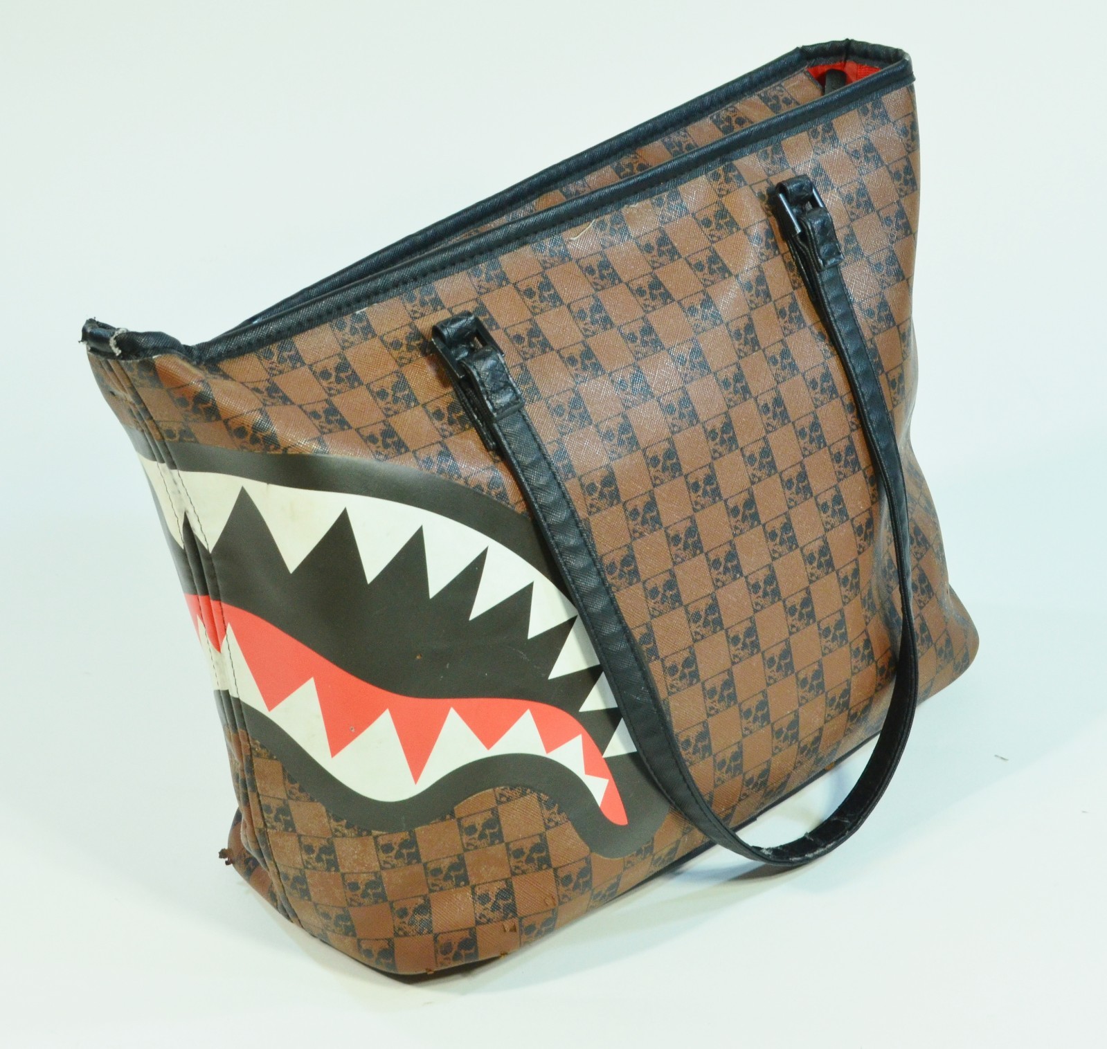Sprayground Shark Skulls Checkerboard Brown Purse Bag Tote Rare