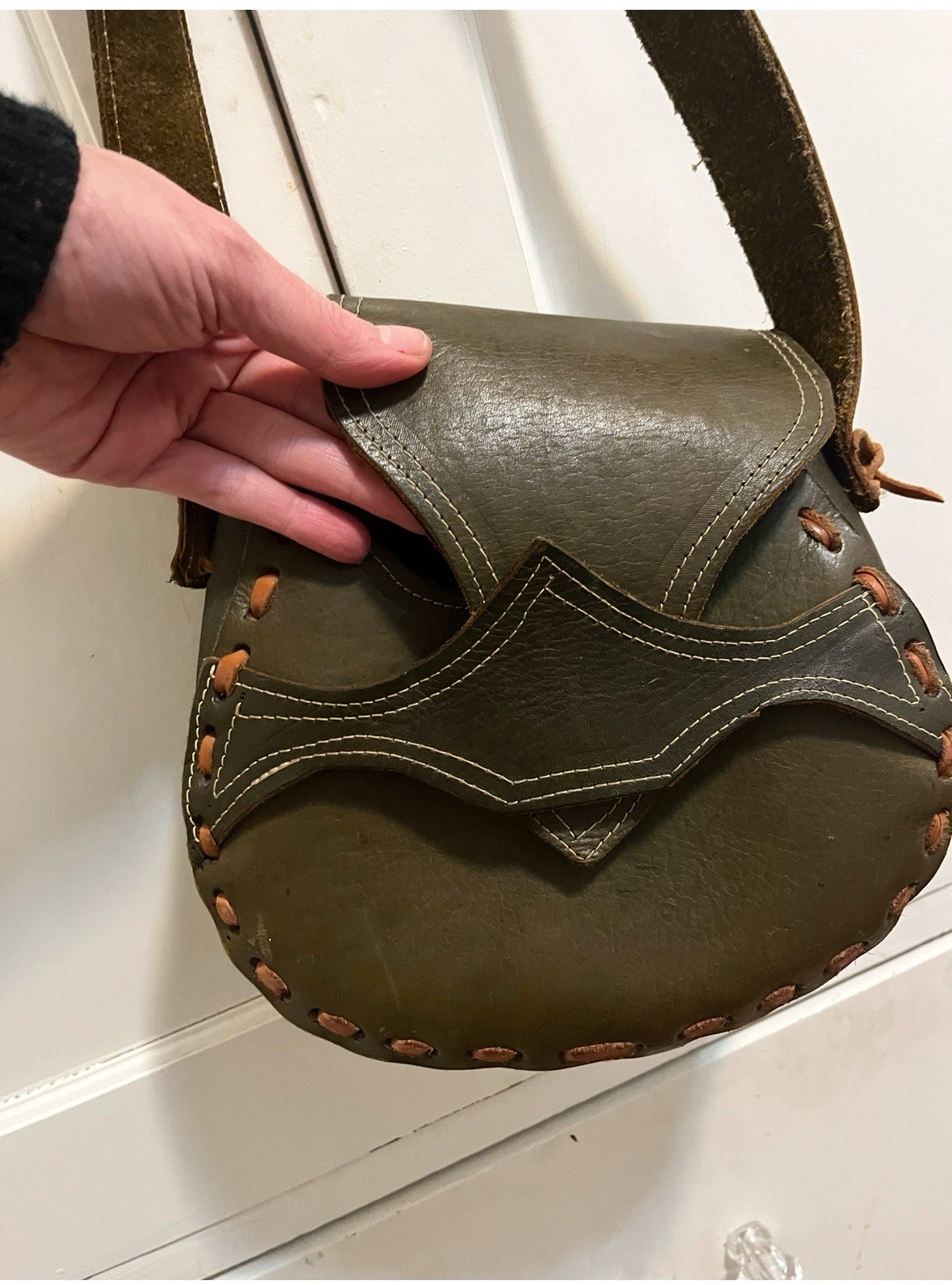 Vintage Leather Stiched Hippie Boho Crossbody Bag Elf Green Leaf Thick Leather