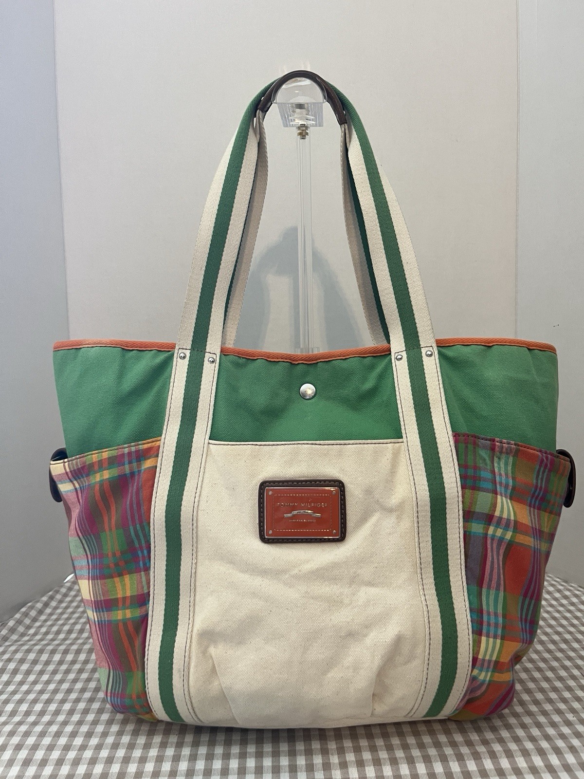 Summer Preppy Plaid Canvas Tote, Tommy Hilfiger Early Y2K 2000’s