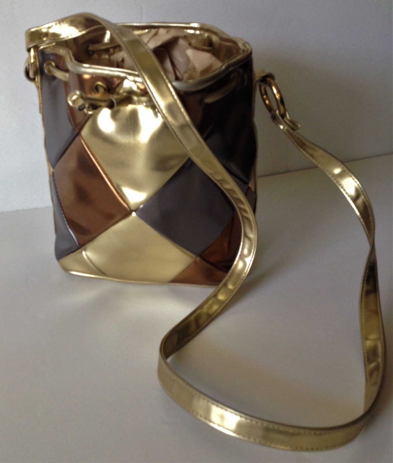 Tri-Color METALLIC SHOULDER BAG Purse PATCHWORK BUCKET Gold Gunmetal Bronze 90s