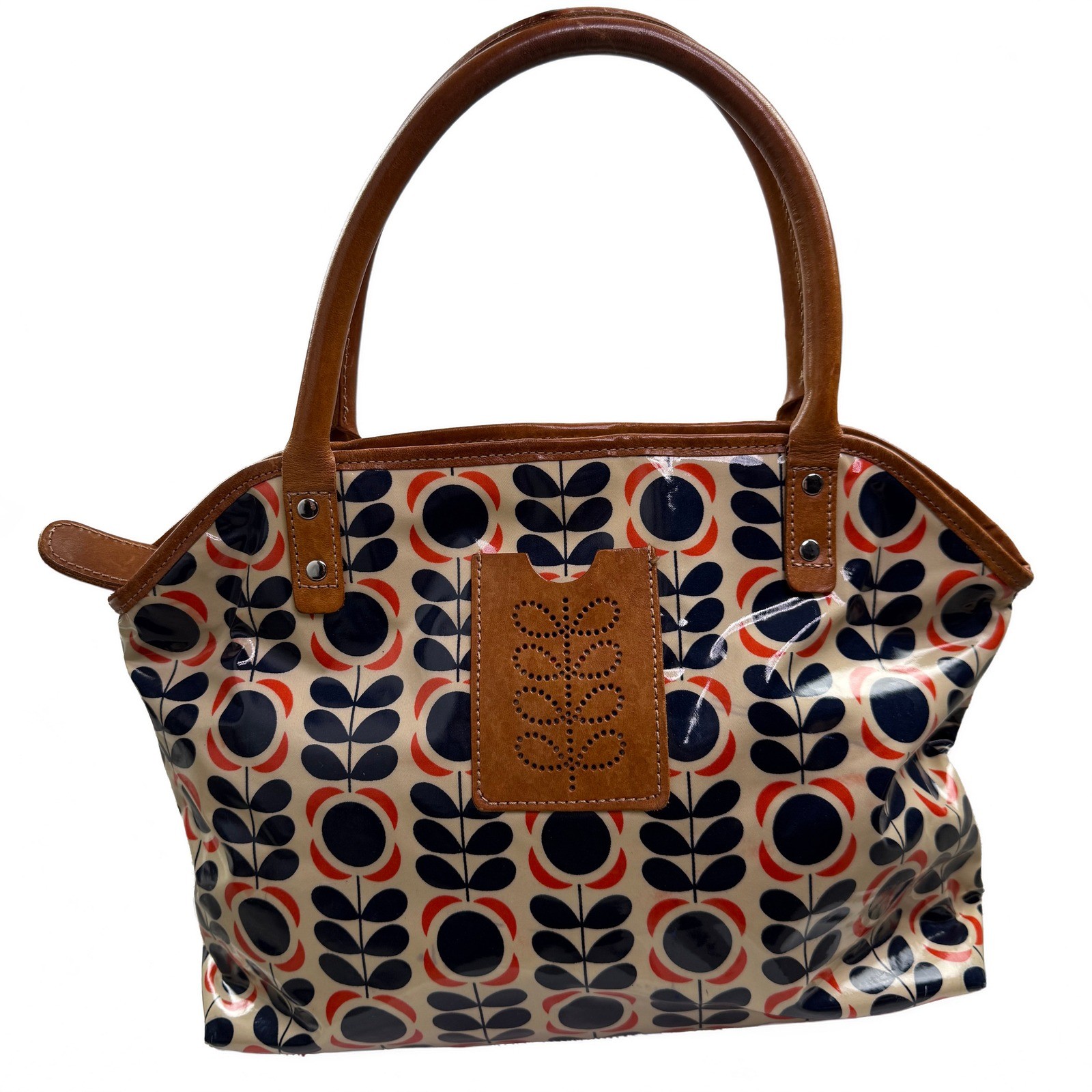 Orla Kiely London Stem Print Laminated PVC Coated Tote Bag Leather Trim Zip EUC