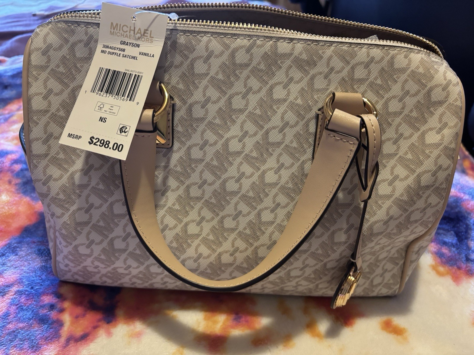 Brand New ! Michael Kors Medium Tan & Cream MK Logo Canvas Duffel/Cross Body Bag