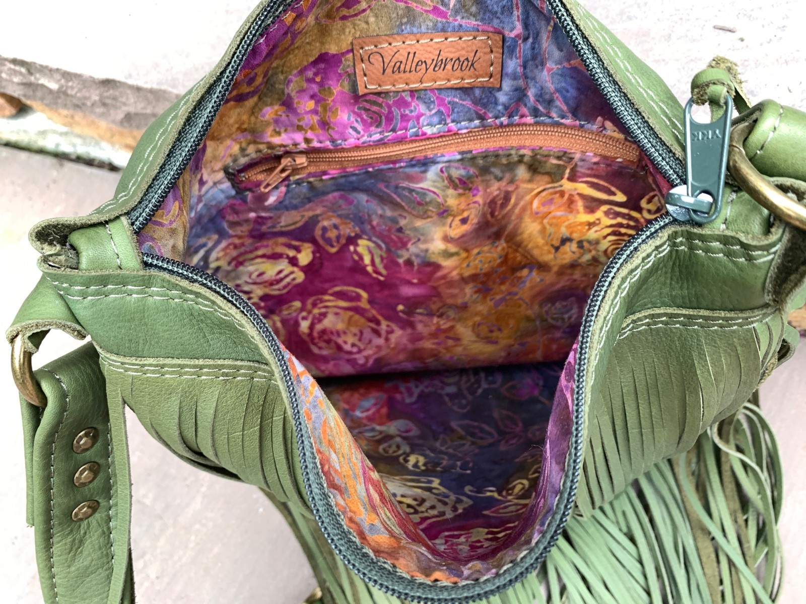 Green leather boho Southwest festival LONG fringe crossbody bag