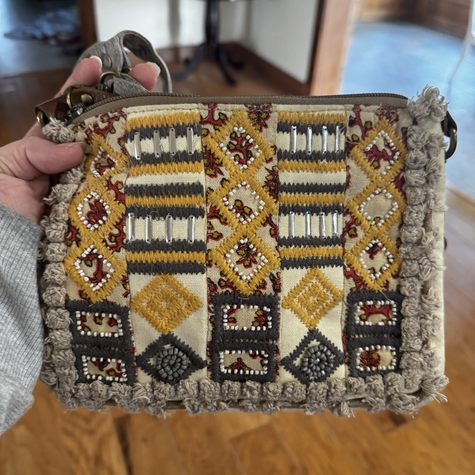 Myra Crossbody Bag Tapestry Gray Fabric Strap 8.75×6.75 Boho Chic Western Beaded