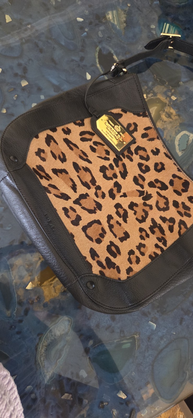 Lauren Ralph Lauren Hobo Leopard Print Bag Black Gold Tone Hardware Bag Charm