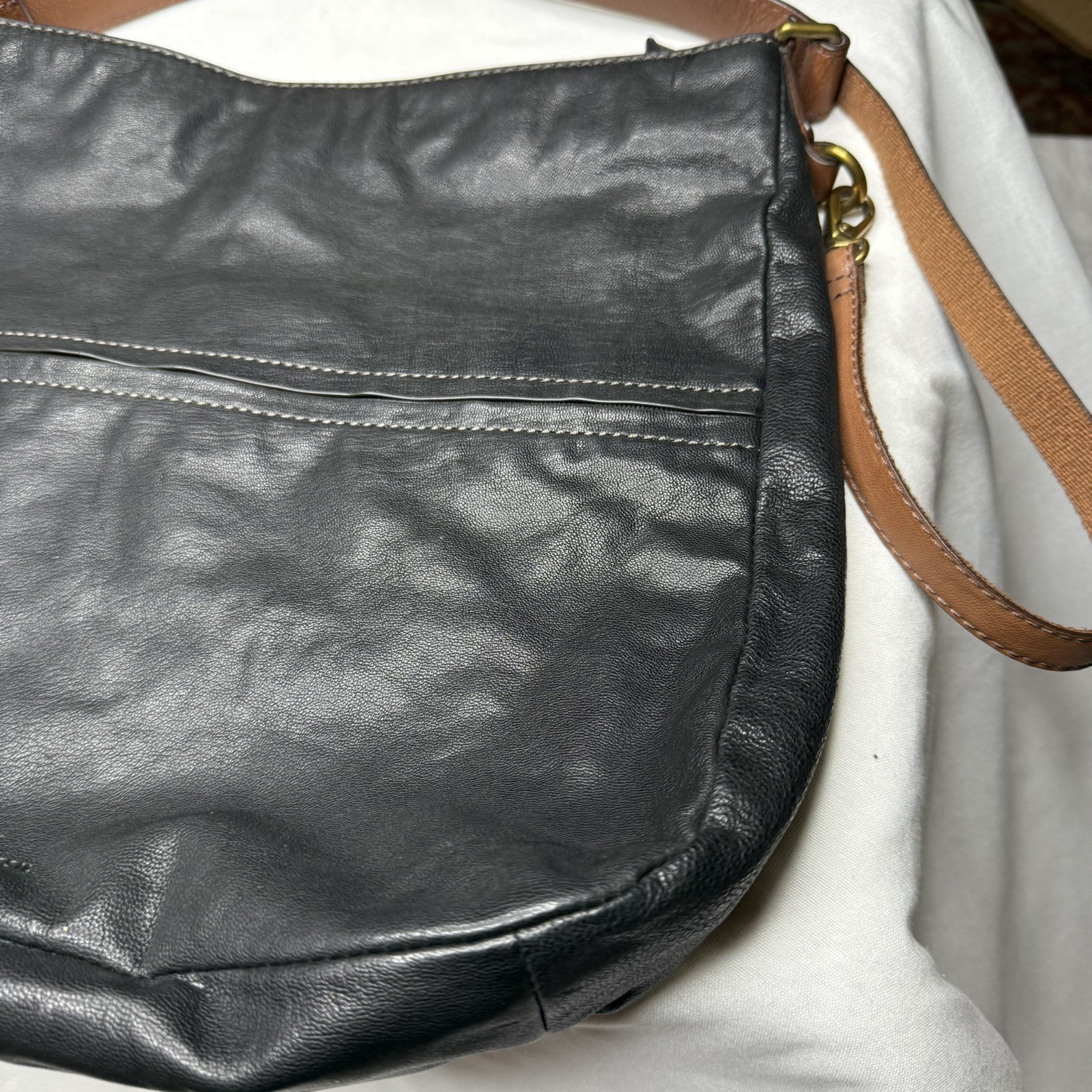 Fossil Purse Black Corey Messenger Hobo Tote Leather Crossbody Adjustable Strap