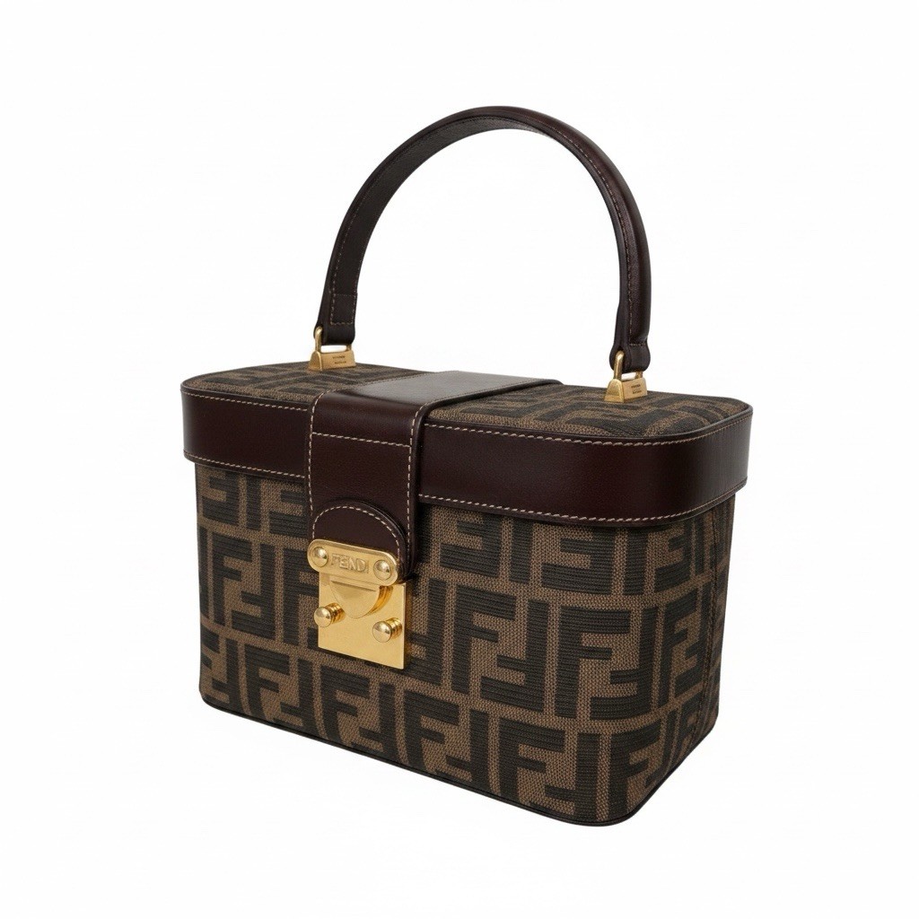 Authentic FENDI Zucca Monogram Vanity Case Box Bag Brown Canvas Gold Hardware
