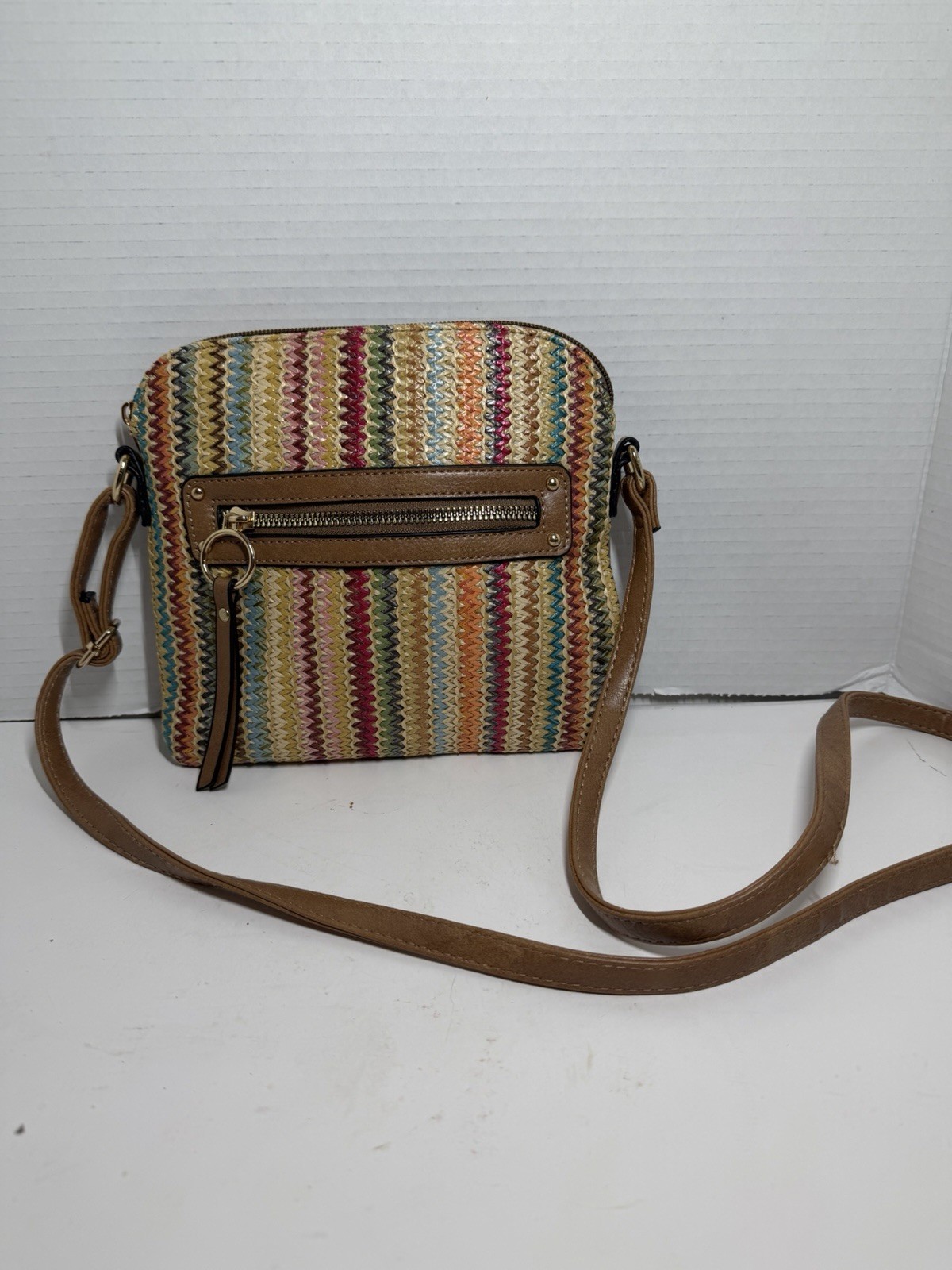 Boho Woven Straw Crossbody Bag Multicolor Stripe Faux Leather Trim 9×9
