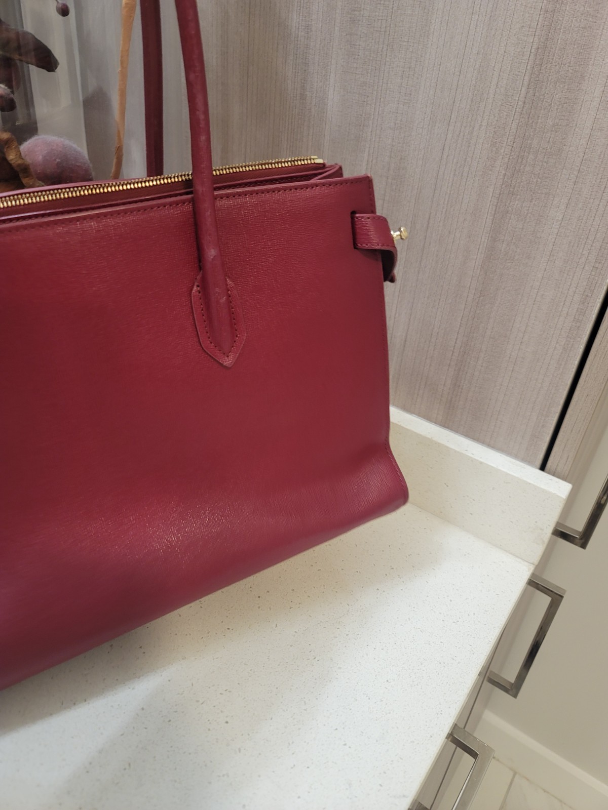 Furla Pin Leather Top-Handle Satchel Handbag Dark Red/Crimson