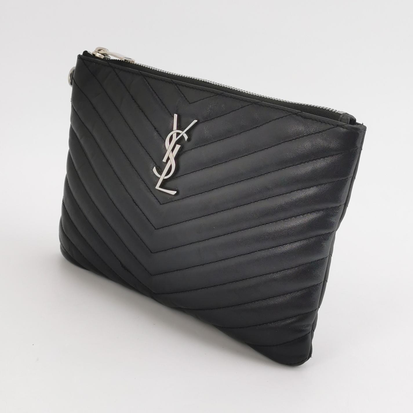 Saint Laurent Monogram Regular Size Black Leather Handheld Clutch US Ship