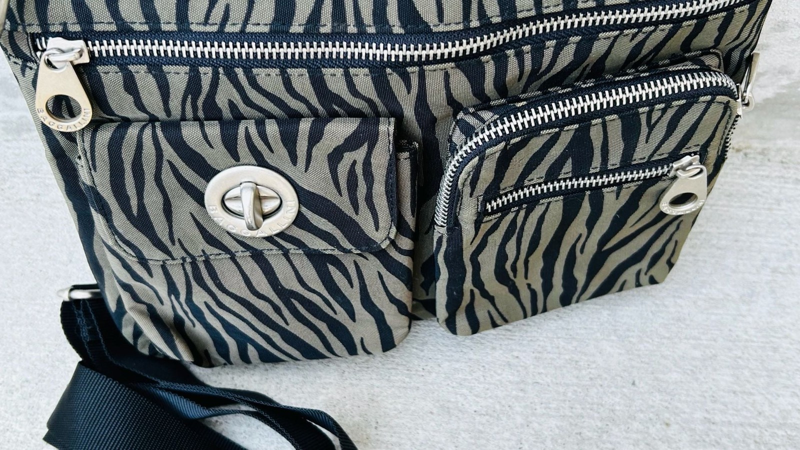 Baggallini Zebra Print Olive Green Nylon Multi-Pocket Crossbody Bag