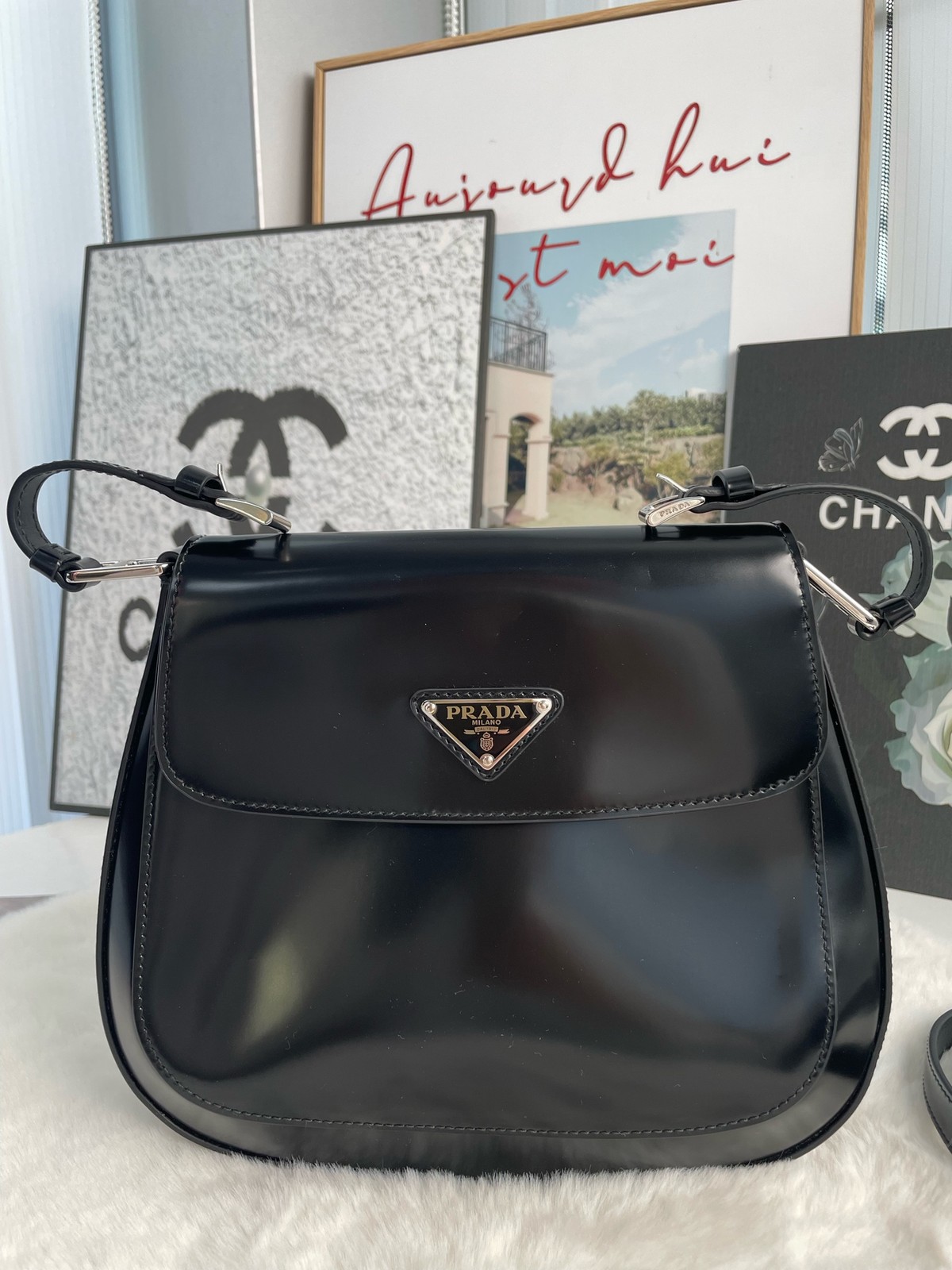 Prada Cleo Small Black Glossy Calfskin Leather Shoulder Crossbody Bag Duty Paid