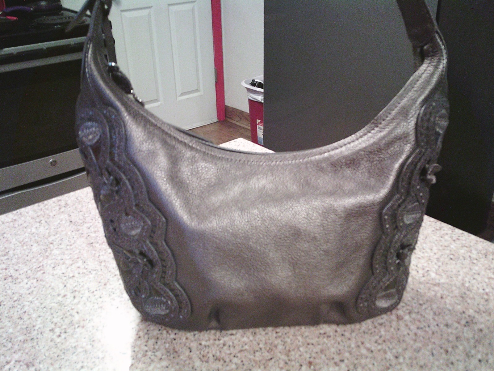 BRIGHTON METALLIC PEWTER HOBO WITH SILVER PLATED FLORAL LACE
