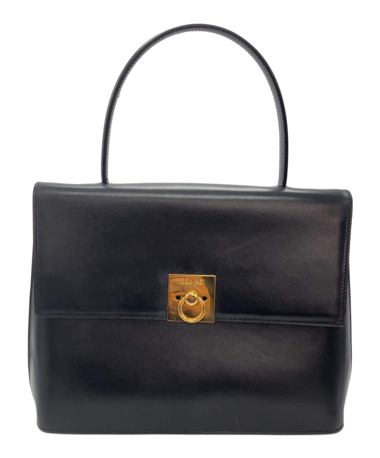 CELINE Black Leather Top Handle Handbag Gold Turn Lock Interior Pockets Italy