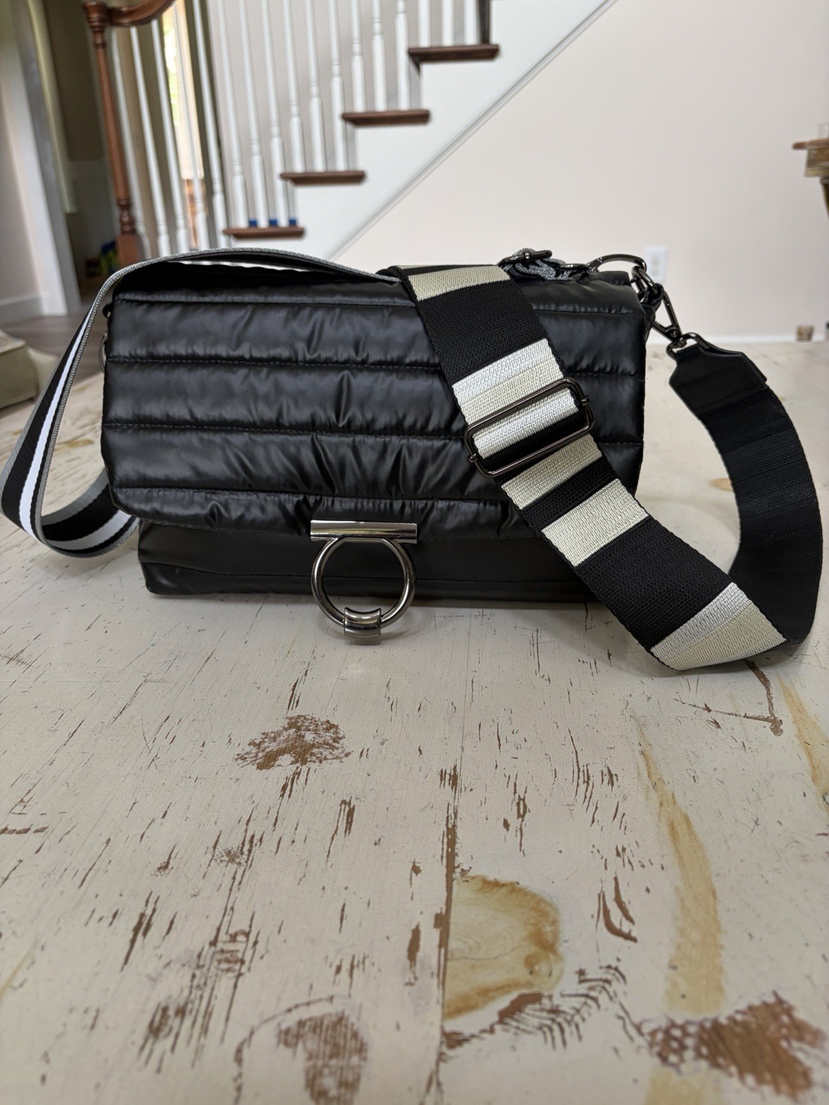THINK ROYLN Quilted Shoulder/Crossbody Bag in Black with Beige-Gray Stripe Strap