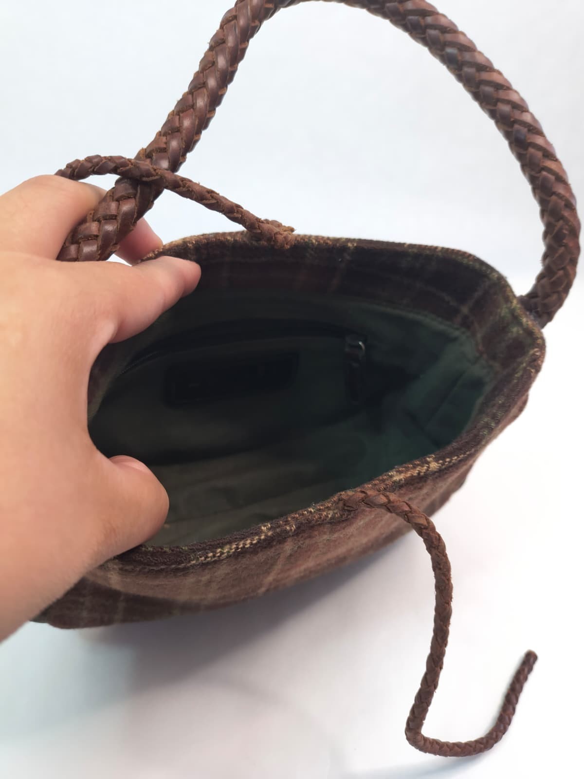 Lauren Ralph Lauren Wool Blend Plaid Hobo Shoulder Bag Braided Leather Handle EX