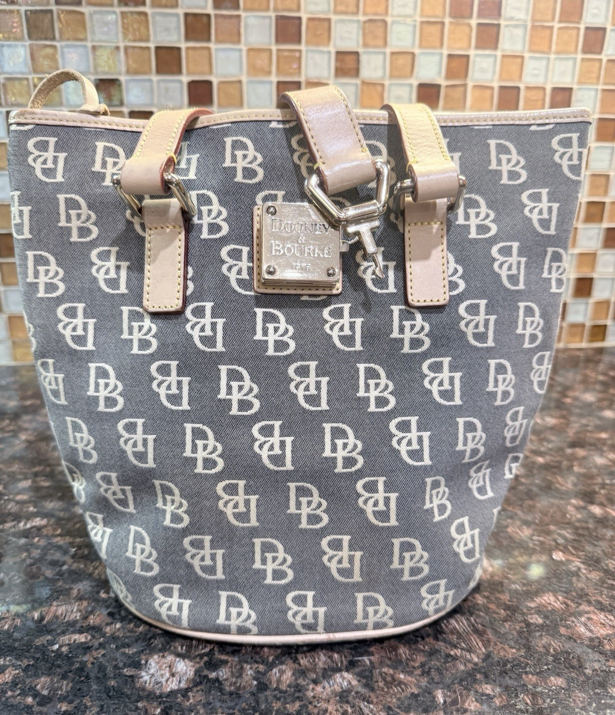 Dooney & Bourke Monogram Gray Beige Shoulder Bag Silver Hardware Charm Pockets