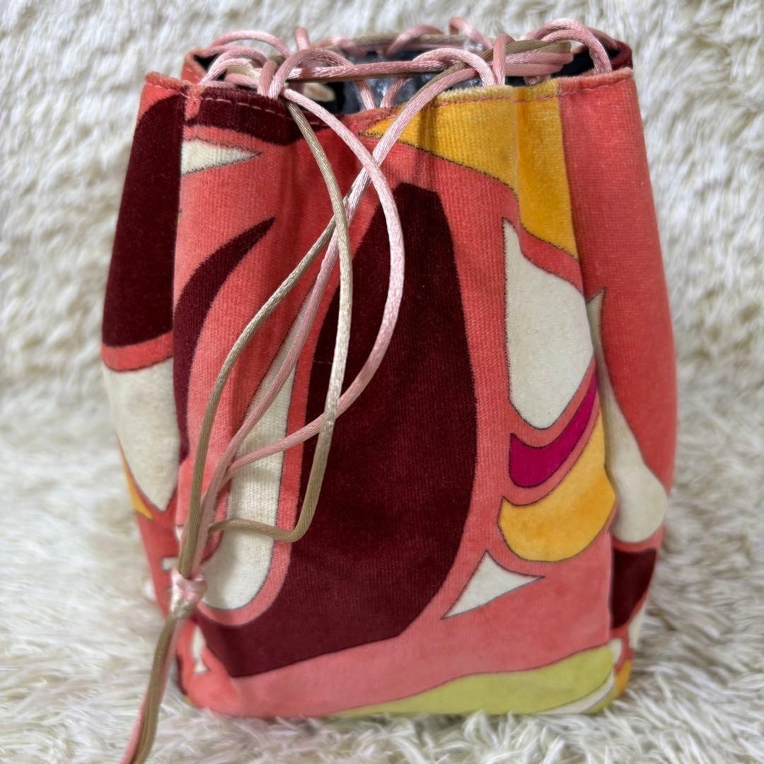 Emilio Pucci Drawstring Handbag Velvet All-Over Print Gold Hardware Italy