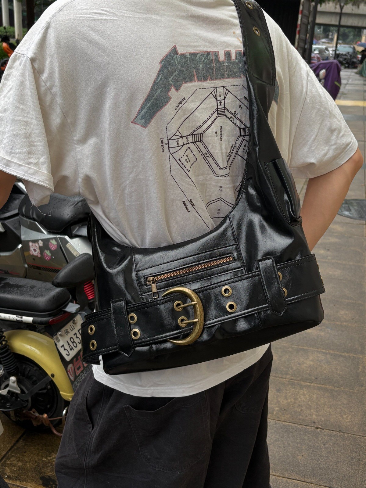 Y2K Punk Belt Buckle Bag Vintage Washed Leather Edgy Grunge Hobo Shoulder Purse