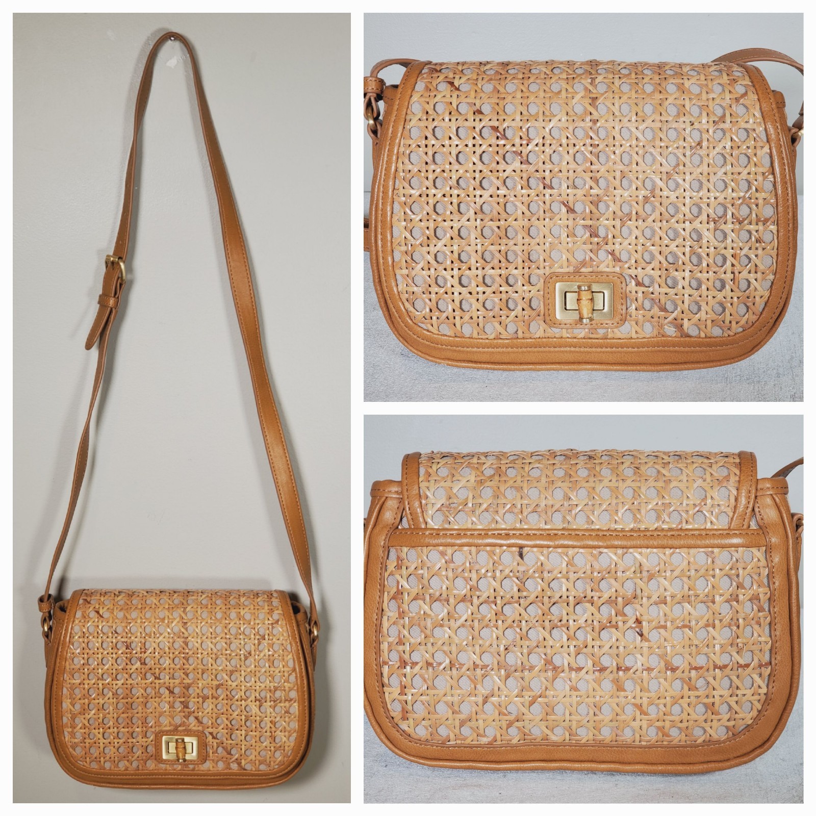 Talbots Rattan Caning Crossbody Bag Lined Bamboo Twist Lock Adjust Leather Strap