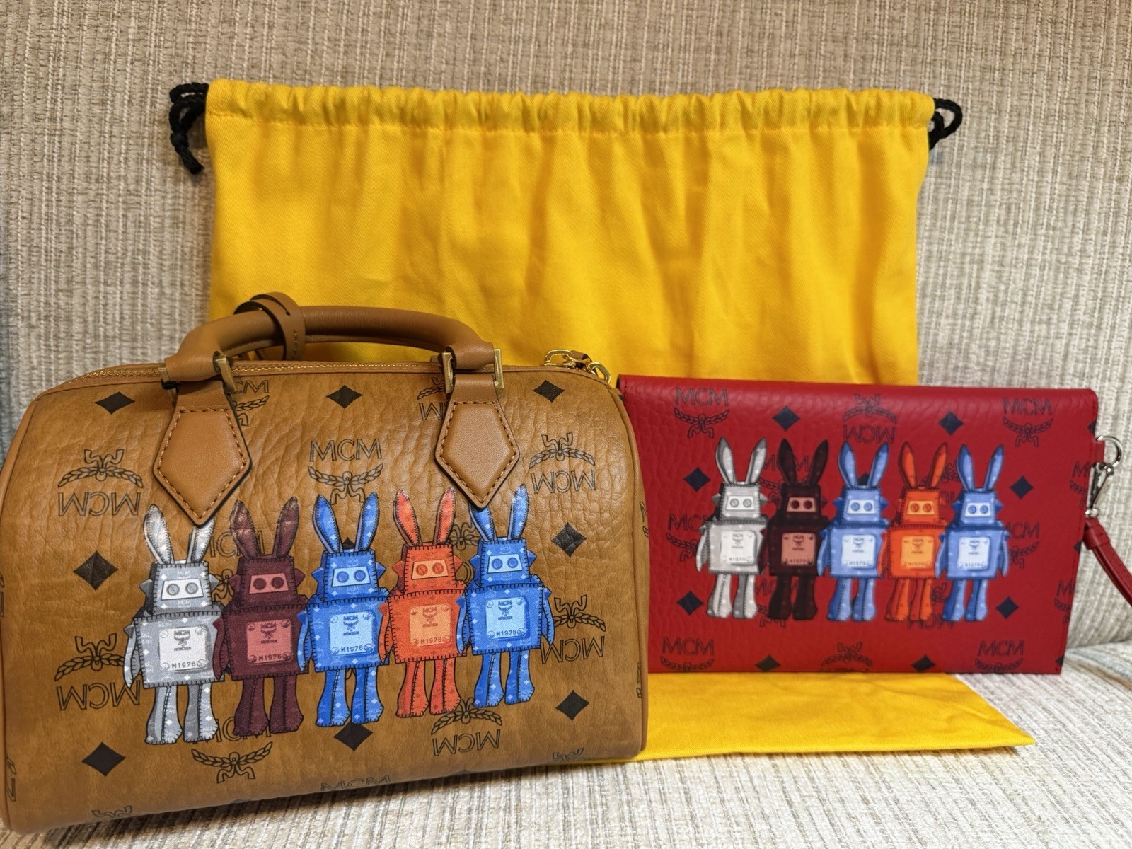MCM Brown Logo Top Handle Satchel Bag Zip Closure w/ Dust Bag + Clutch bag GIFT