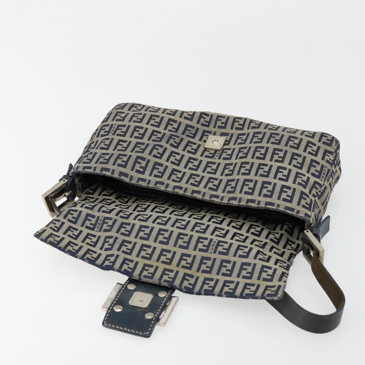 FENDI Zucchino Canvas Mamma Baguette Shoulder Bag Navy Silver Auth bs34528