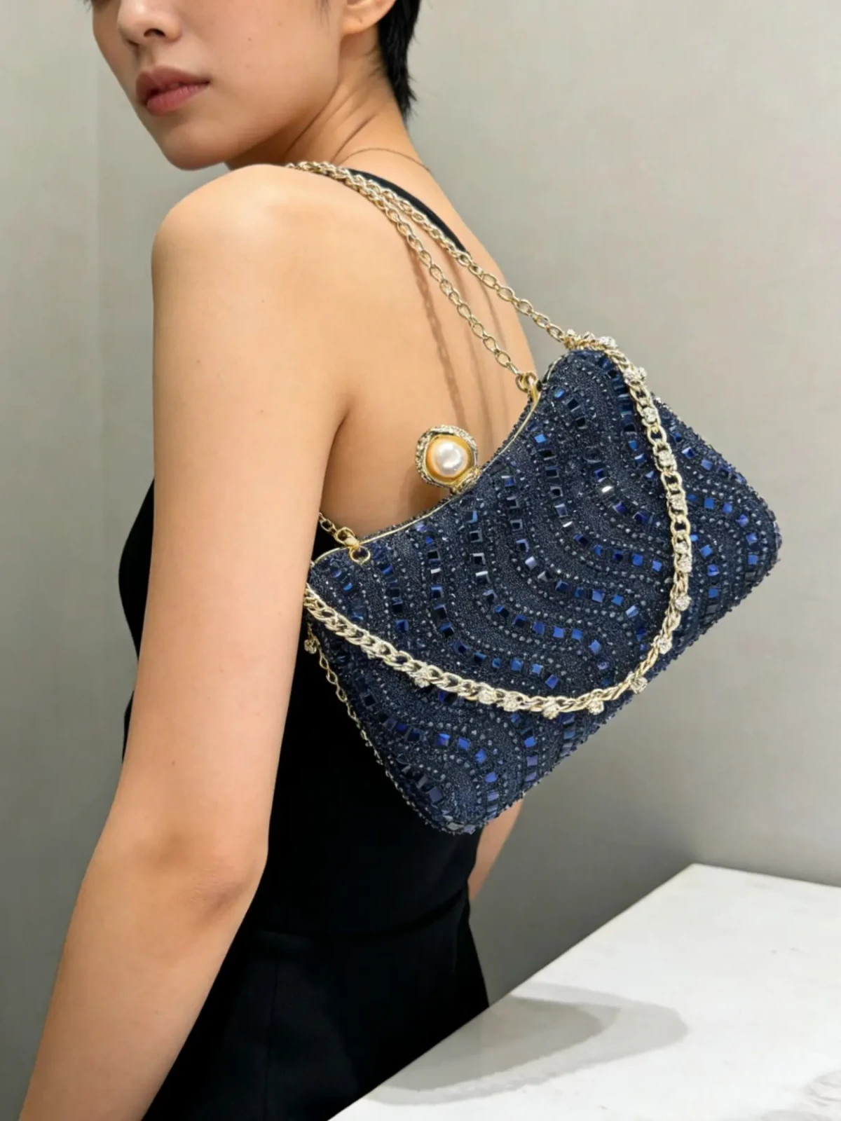 EVENING BAG- Gold Tone Rhinestone Decorated Metal Handle Clutch Purse, Luxury