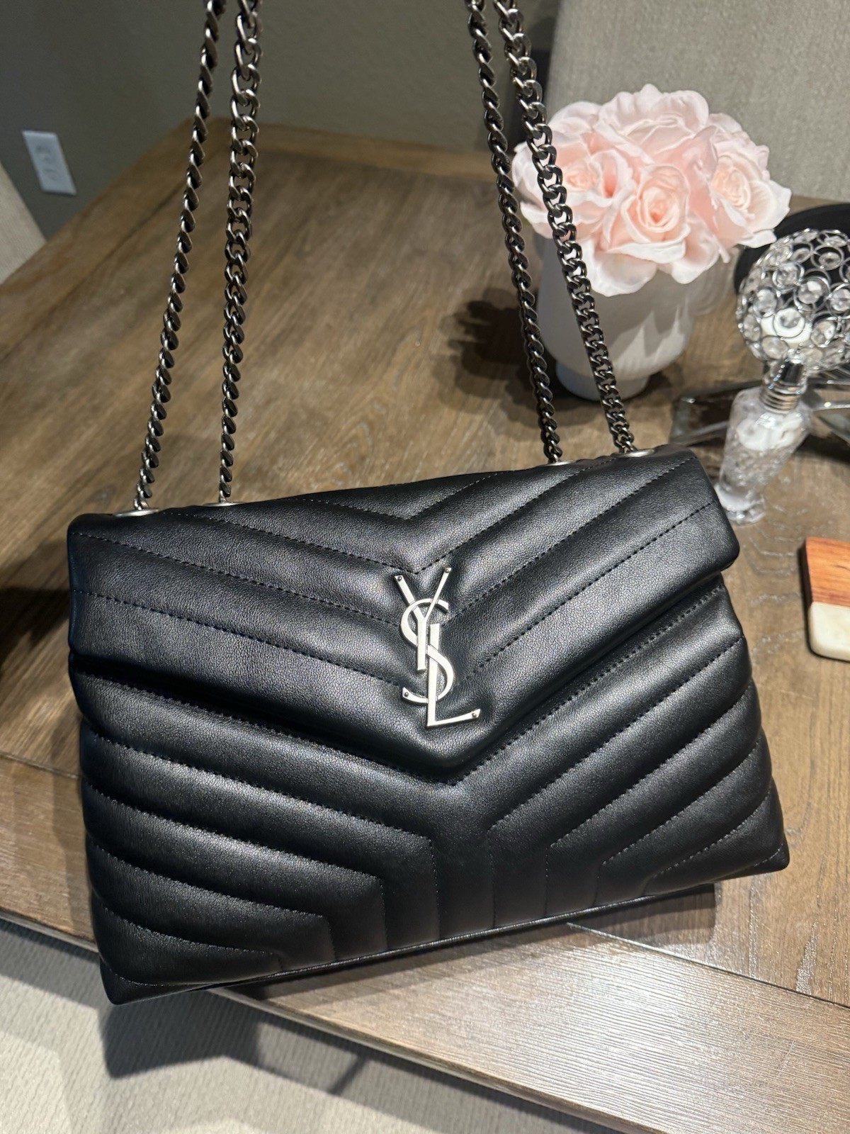 Black Chevron Quilted Shoulder Bag Silver Chain Strap Dust Bag pillow bag