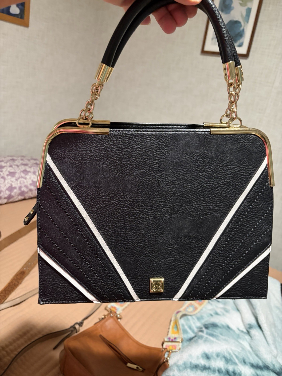 Gianni Bini Black/White Medium Satchel Top Handle Zip Gold Hardware Strap